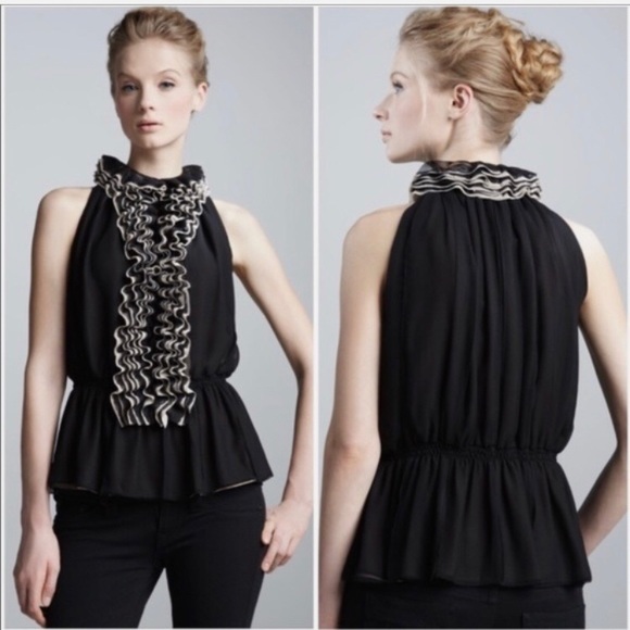 ROBERT RODRIGUEZ TWO TONE SHEER CHIFFON SLEEVELESS RUFFLE PEPLUM BLOUSE - Picture 16 of 16